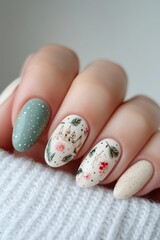 Elegant floral nail art design featuring pastel tones of sage green, cream, and blush with intricate tiny flowers and polka dots, creating a soft, feminine, and stylish manicure perfect for spring or 