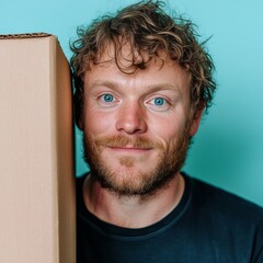 Cheerful man with curly hair and bright blue eyes holding a cardboard box beside his face, standing in front of a turquoise background, conveying delivery, moving, or casual shipping with a friendly v