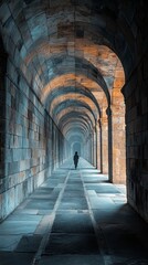 Lone figure walking through a dramatic stone archway tunnel with repeating columns, soft light and shadows creating a moody, mysterious atmosphere symbolizing solitude, journey, and architectural beau