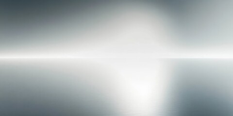 Minimalist seascape, tranquil ocean horizon, soft silver light, misty atmosphere, ethereal glow, gradient sky, serene water surface, abstract nautical scene, subtle texture, muted color palette, panor