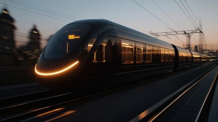Fototapeta premium A realistic photo of a modern electric train speeding through a city at dusk, with city lights reflecting on the windows and a clear sky in the background.