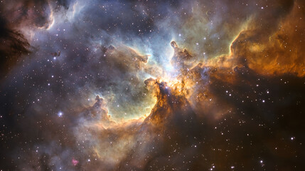 Fototapeta premium Celestial Symphony: A breathtaking view of a vibrant nebula, showcasing swirling clouds of gas and dust illuminated by the distant starlight.