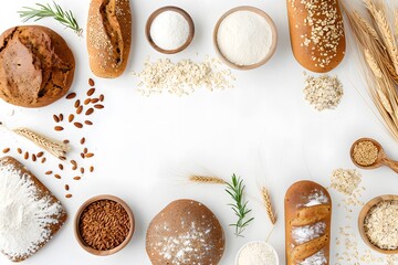 Assorted bread loaves, grains, flour, and wheat ears arranged in a frame-like composition on a white background. Flat lay food photography with copy space. Design for menu, banner, poster, header

