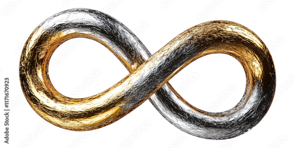 Poster shimmering gold and silver infinity symbol with textured metallic finish, representing timelessness and unity, isolated on transparency background