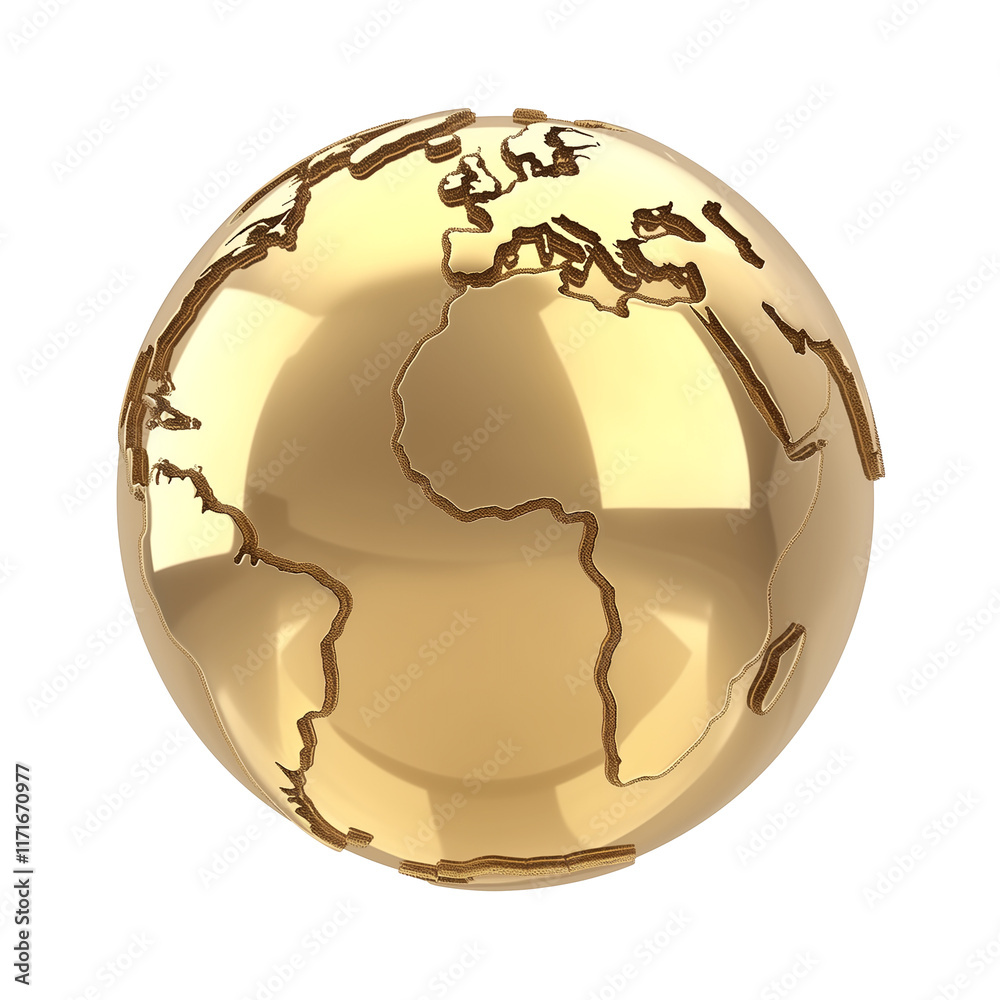 Poster polished golden globe with reflective surface, showcasing continents in sleek and elegant design, is