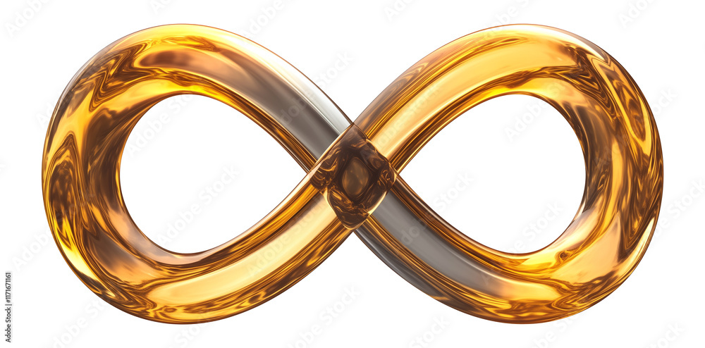 Poster shimmering golden infinity symbol with reflective surface, isolated on transparency background, repr