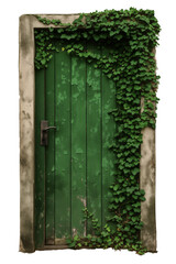 Green wooden door covered in lush ivy, isolated on transparency background, evoking rustic and natural charm