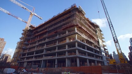 Fototapeta premium High-rise building under construction with cranes around it