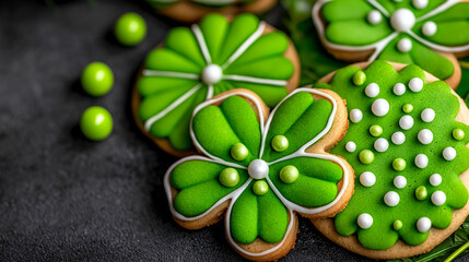 Decoratively iced green cookies shaped like flowers, ideal for celebrations or themed events, set on a dark background.