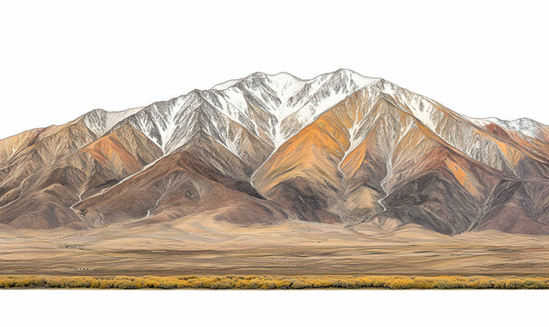 Majestic snow-capped mountain range with autumnal foothills, isolated on white background; perfect for travel, nature, or landscape design projects.