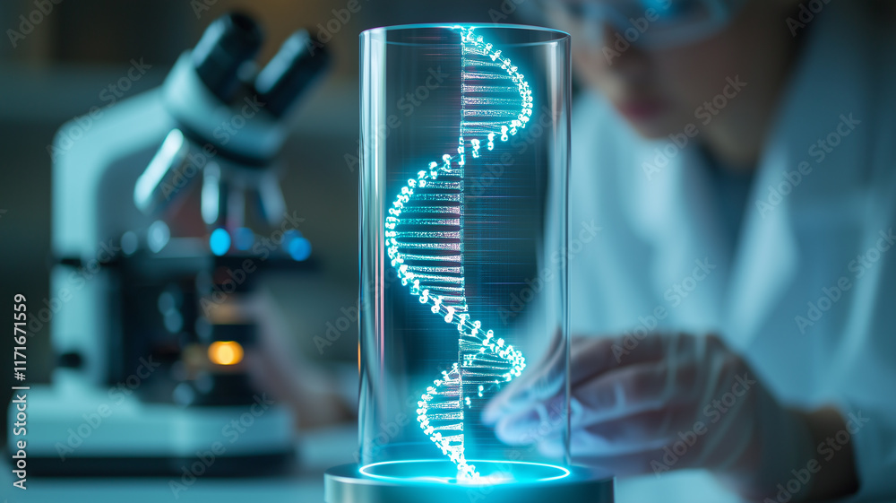 Poster scientist examines glowing 3d dna model in laboratory, with microscope in background, showcasing adv