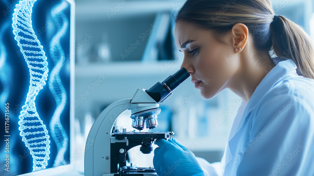 Poster focused female scientist examines sample under microscope in laboratory, with dna helix displayed on