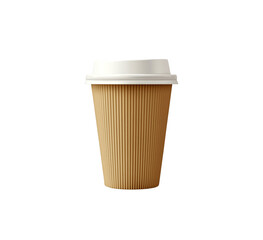 Stylish Brown Paper Coffee Cup With White Lid. A convenient takeaway coffee cup with a ribbed design for better grip. Isolated on transparent background, png.