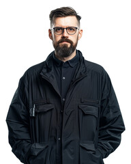 man with serious expression, wearing glasses and dark jacket, stands confidently in medium long shot. image conveys cyberpunk inspired investigative vibe