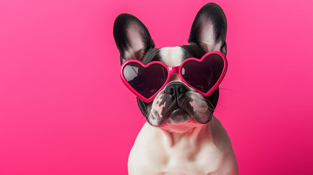 Buldog francuski w serduszkowych okularach spogląda figlarnie na żywym r&oacute;żowym tle, tworząc zabawną i ciepłą atmosferę.