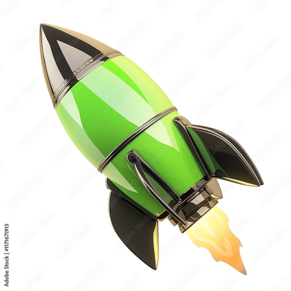 Poster metallic green rocket with chrome surface and black fins, isolated on transparency background, showc
