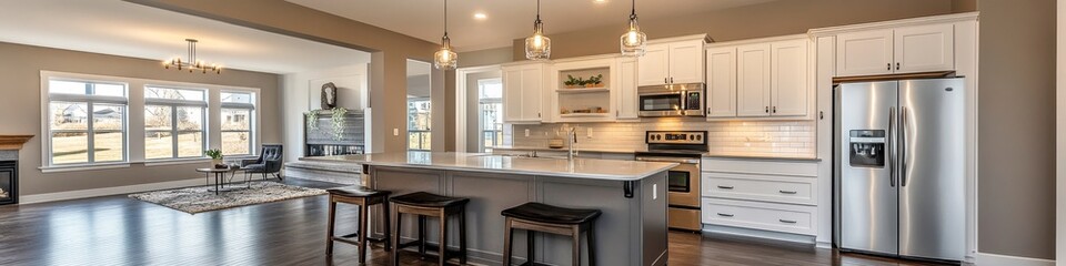 Modern kitchen with an island, stainless appliances, and open layout.