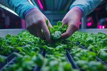 close up view hands of farmer picking lettuce in hydroponic greenhouse. Generative AI