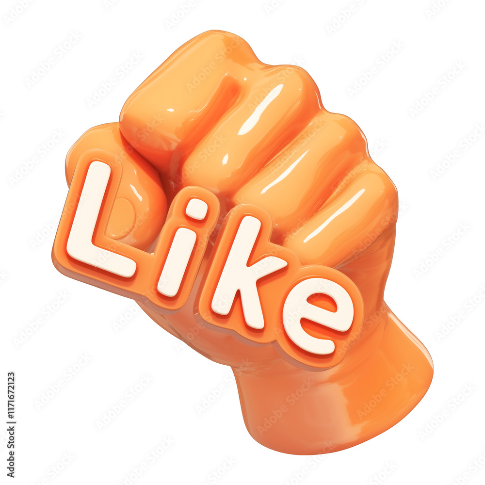 Poster 3d orange fist with like text, polished ceramic look, isolated on transparency background, symbolizi