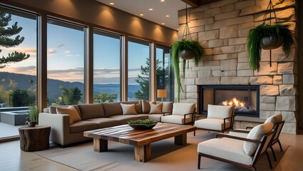 Fototapeta premium spacious living room with natural plants