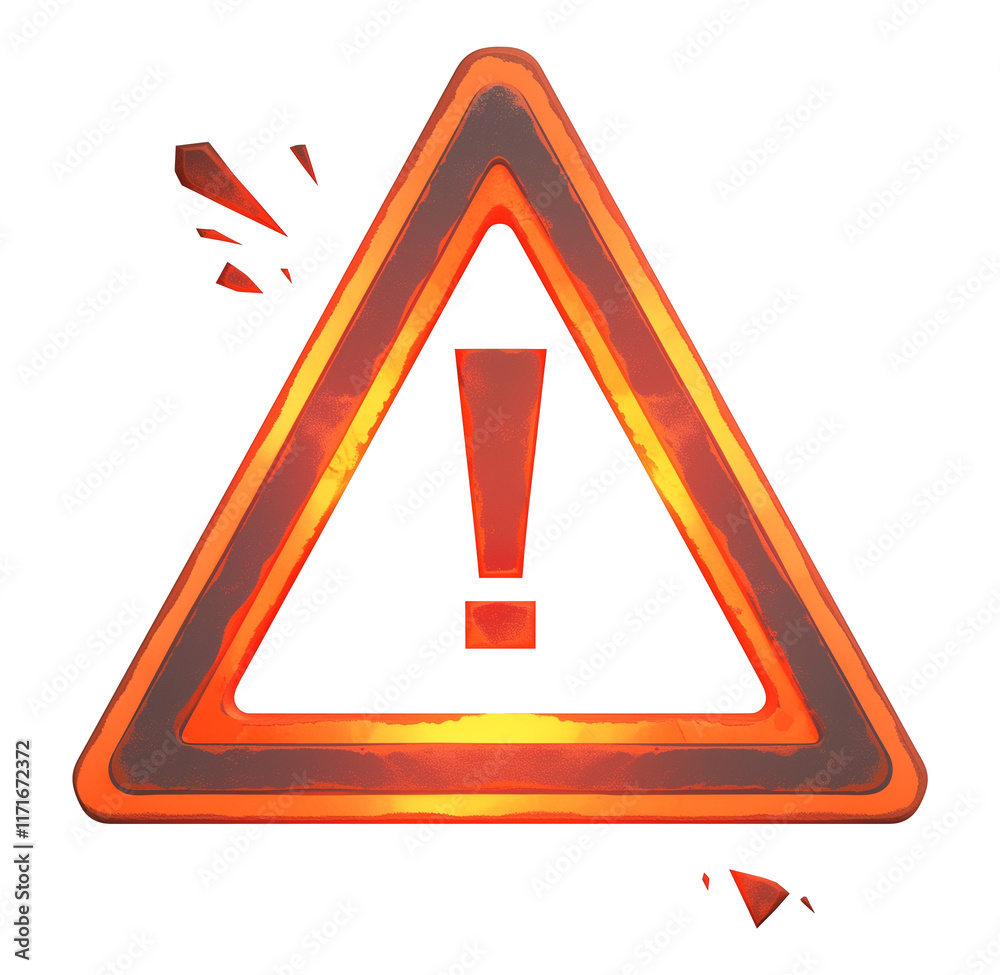 Aufkleber glowing red caution triangle with exclamation mark in center, featuring sparkling effect and broken shards around it, symbolizing danger or warning