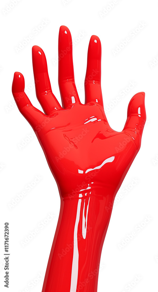 Poster glossy red plastic hand with open palm gesture, isolated on transparency background, showcasing smoo