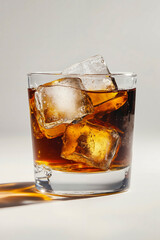 A glass of whiskey with ice cubes in it