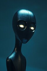 Dark metallic figure with glowing eyes. AI.