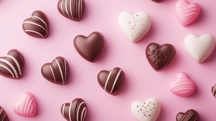 Obraz premium Assorted heart-shaped chocolates on pink background. Perfect for Valentine's Day, celebrations, and romantic themes.