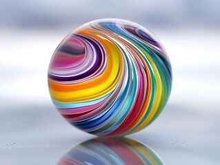 Perfectly round glass marble with colorful swirls, displayed on a reflective white surface.