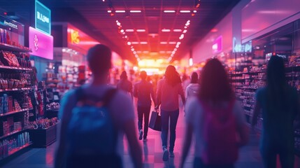 Naklejka premium People shopping in a brightly lit store. AI.