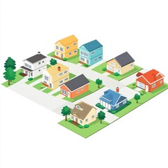 A colorful isometric illustration of a suburban neighborhood with various houses and trees.