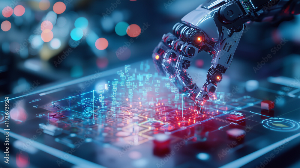 Leinwandbilder robotic arm interacts with futuristic digital interface, showcasing advanced technology and artificial intelligence in high tech environment