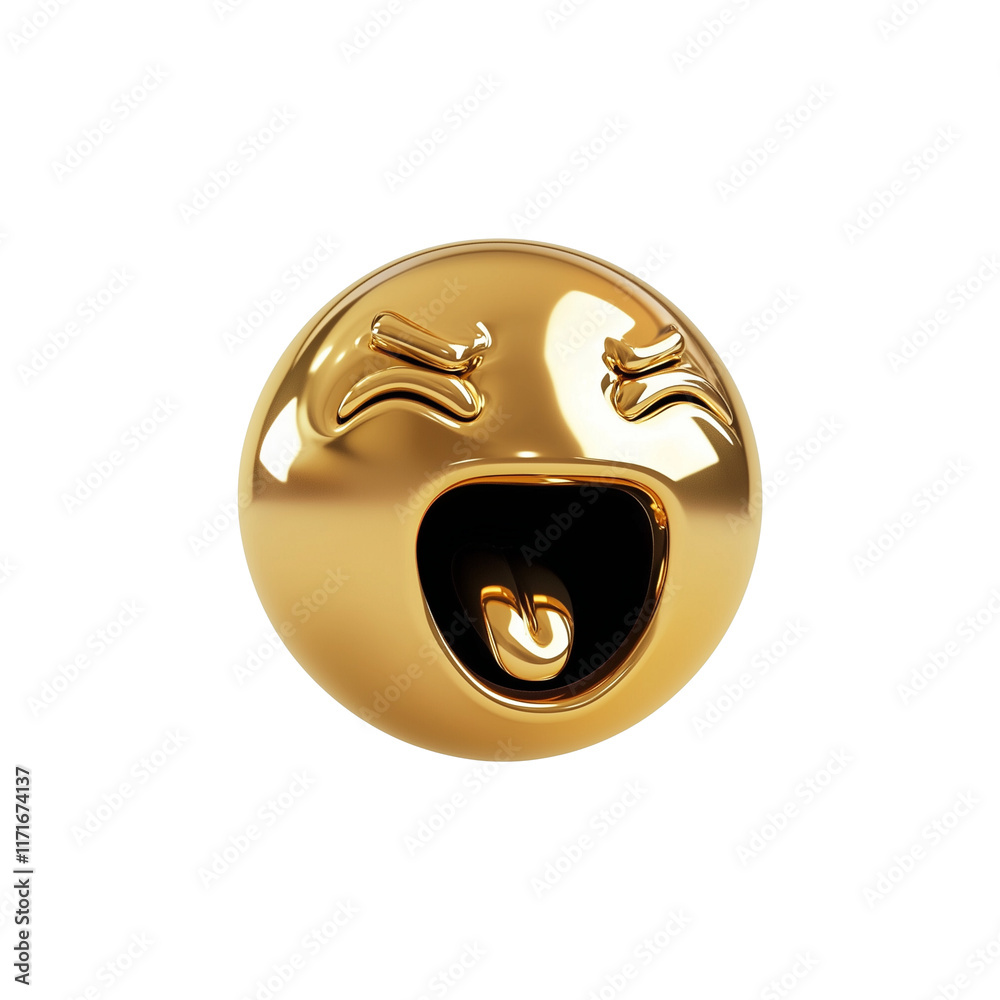 Poster 3D golden emoji with ambitious and excited expression, isolated on transparency background, showcasing shiny chrome finish and playful design