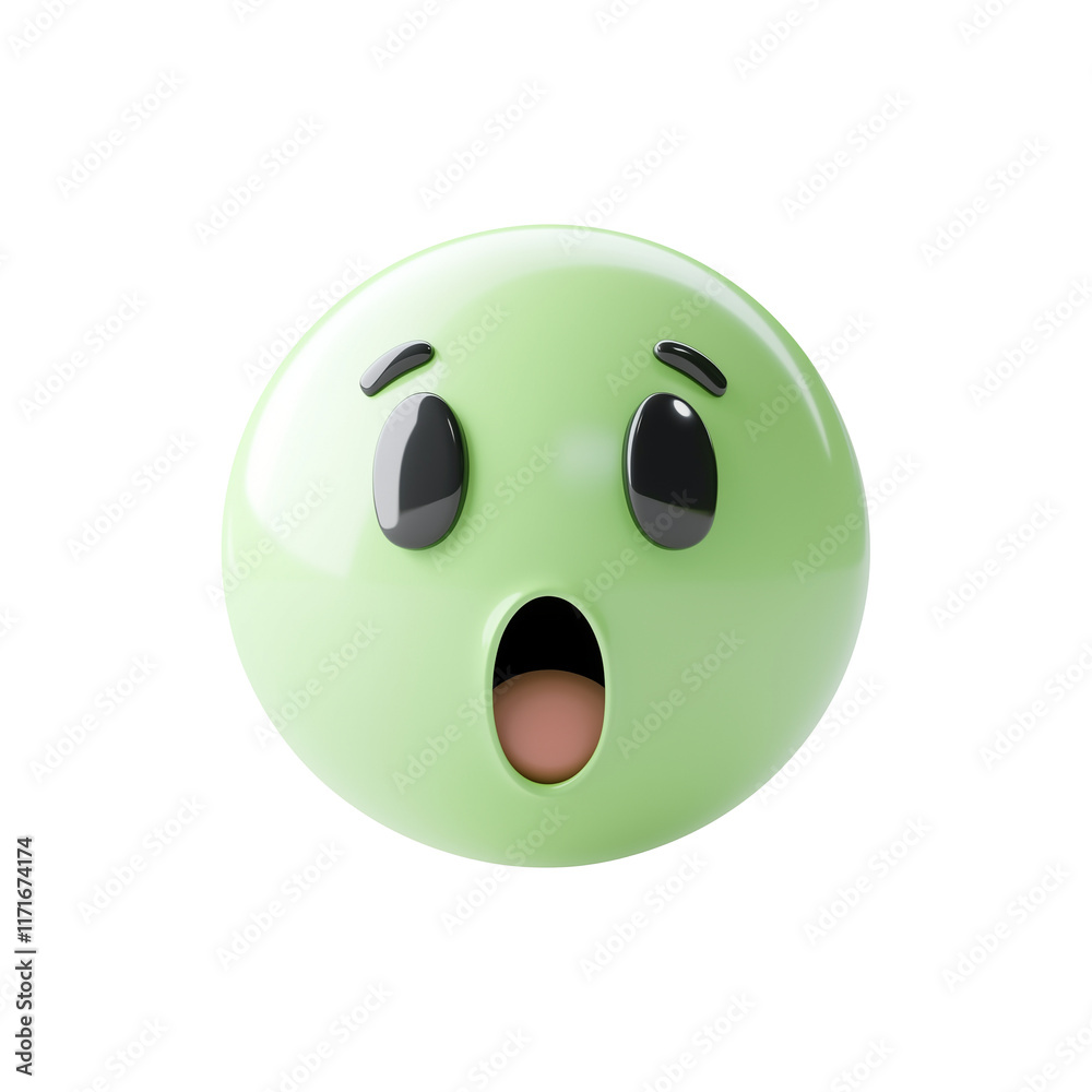 Aufkleber 3D curious emoji in soft green with surprised expression, isolated on transparency background. glossy finish and expressive features convey curiosity and wonder