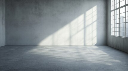 A minimalist, empty room with large windows casting shadows on a concrete floor.
