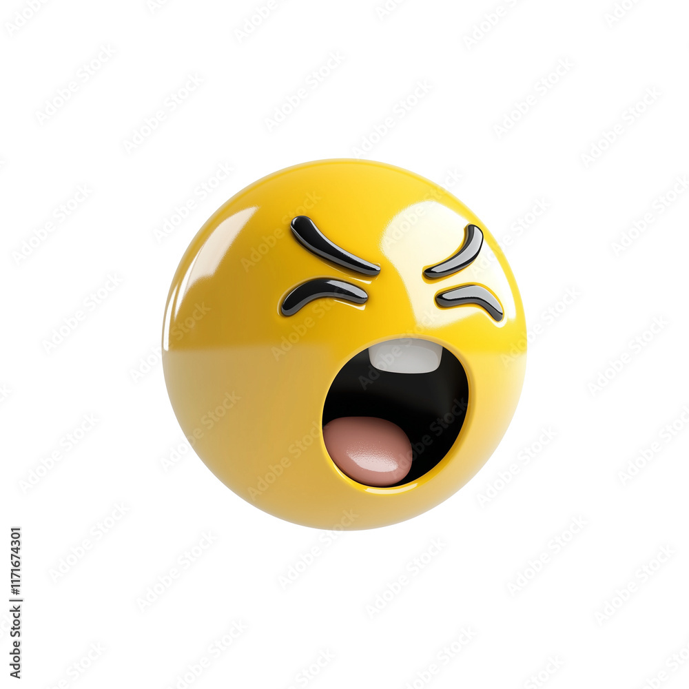 Poster 3d yellow emoji with open mouth and expressive eyes, conveying loud scream or intense emotion, isola