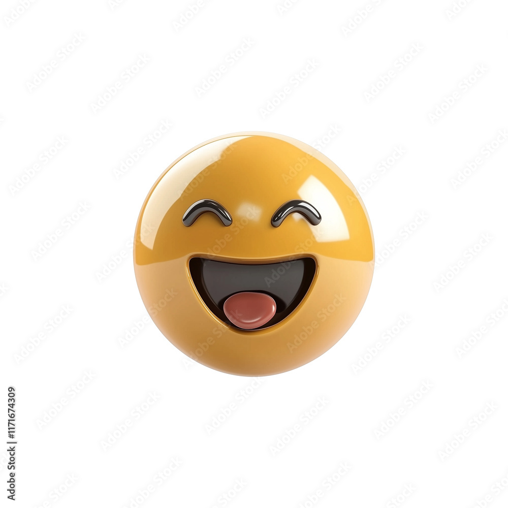Poster 3d golden brown emoji with joyful expression, featuring closed eyes and open mouth, isolated on tran