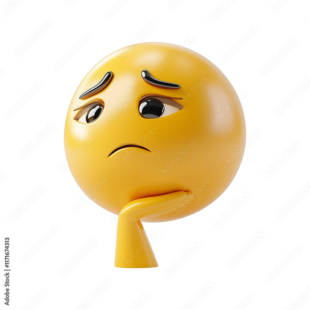 Poster 3D rendering of thoughtful emoji in light tan, isolated on transparency background, with pensive expression and hand resting on its chin, conveying deep contemplation
