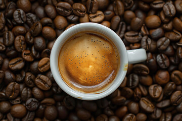 Freshly Brewed Espresso in a Coffee Cup with Creamy Swirl, Surrounded by Roasted Coffee Beans for a Rich Coffee Experience
