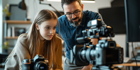 mentor guiding young learner on how to adjust camera settings in creative studio environment, fostering learning and collaboration