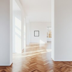 Minimalist Hallway with Herringbone Wood Floor and Natural Light in Scandinavian Style