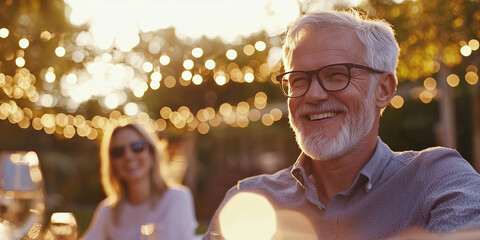 joyful outdoor retirement celebration with warm fairy lights and smiling guests during golden sunset, creating serene and festive atmosphere