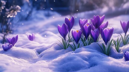Purple crocuses growing through the snow in early spring