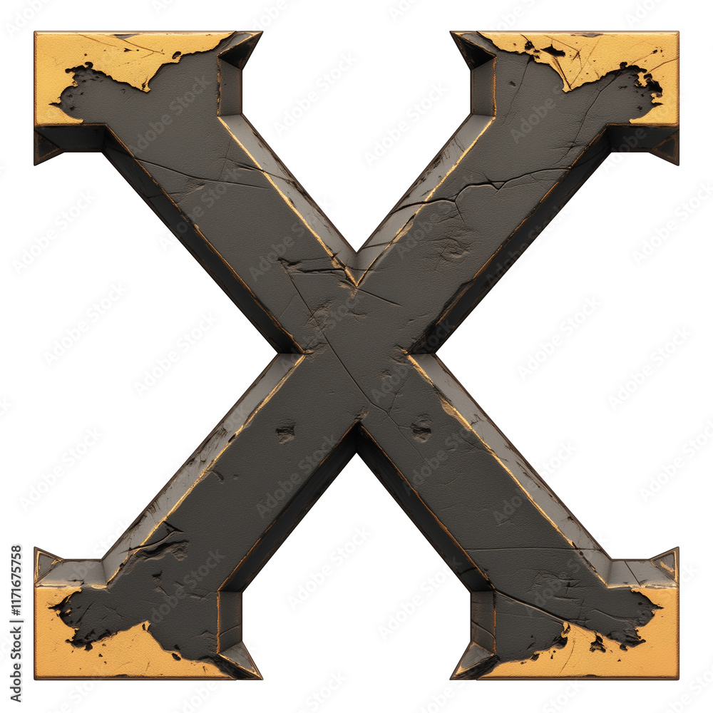 Poster black and gold textured X symbol with distressed surface, featuring bold and metallic design, isolated on transparency background
