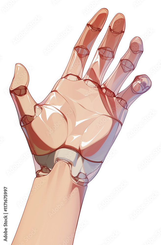 Poster clear resin hand with articulated joints, depicted in soft lighting, isolated on transparency backgr