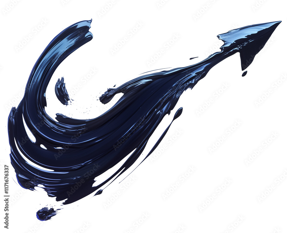 Poster bold, curved arrow painted in midnight blue with dynamic brushstroke design, symbolizing movement, p