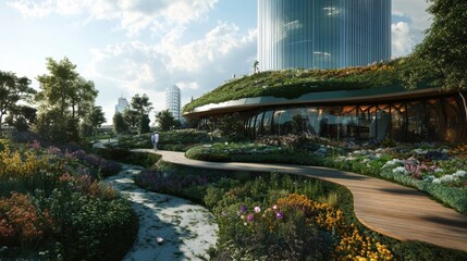 Obraz premium Sustainable architecture blends seamlessly with nature in a hillside residential complex featuring greenery and modern design
