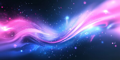 Abstract cosmic wave, vibrant energy flow, neon pink and blue light streaks, starry background, dynamic motion, glowing particles, interstellar space, ethereal luminescence, swirling nebula, cosmic ri