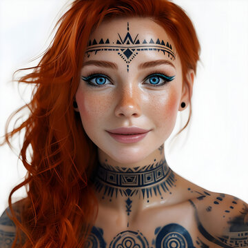 donna con vibranti capelli ramati, occhi azzurri e tatuaggi tribali sul viso e sul collo, Woman with vibrant auburn hair, blue eyes and tribal tattoos on her face and neck